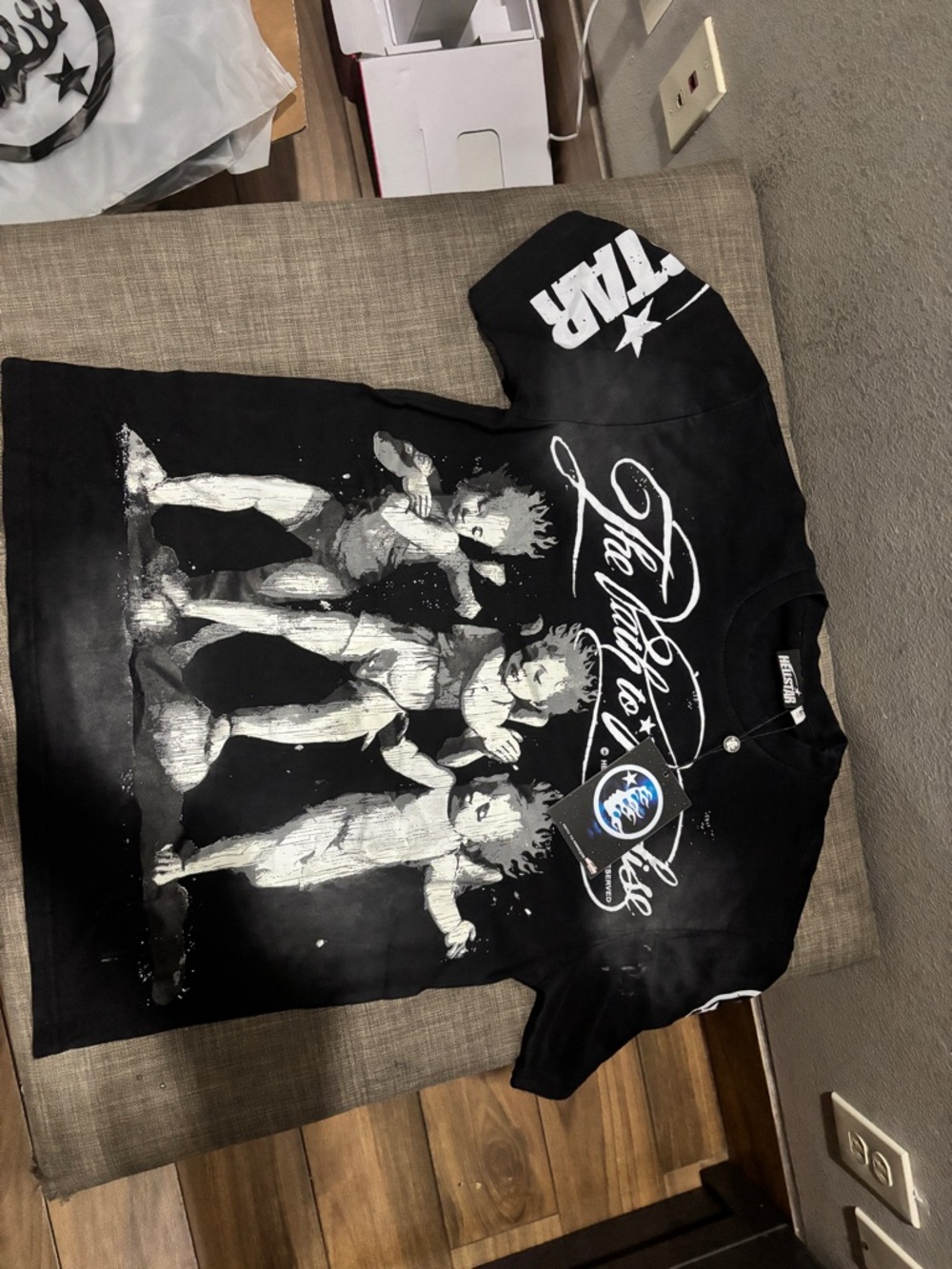 Black Graphic Tee with White Cherub Art